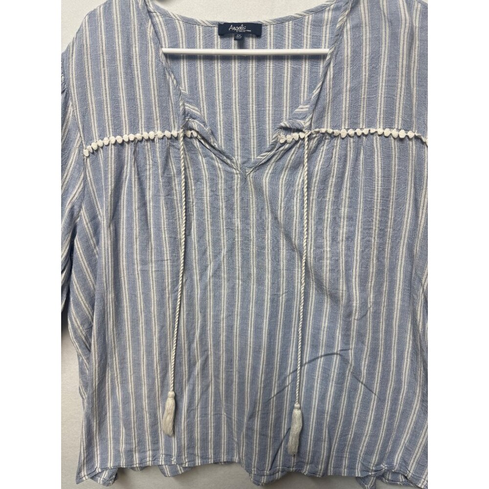 Angels New York Womens 2X Blue & White Striped Boho Blouse Pom Pom Tassel Ties - Picture 2 of 9